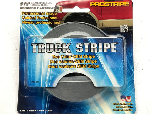 Prostripe R60698 50' X 5/8'' Silver Metallic / Black Dual Striping Pinstripe Tape