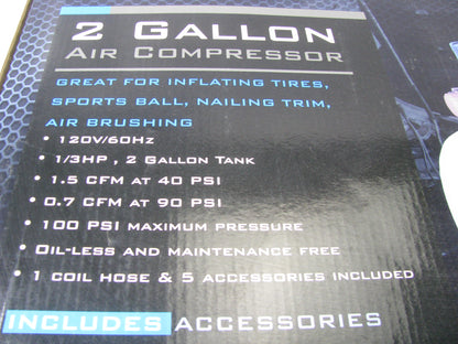 Pulsar PCE6021K 2 Gallon Air Compressor - Oilless, 1/3 HP, 0.7CFM @ 90 PSI