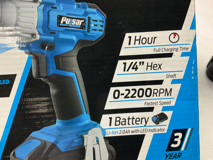 Pulsar PT28120 20V Cordless 2.0Ah Lithium-Ion 1/4'' Hex Impact Driver W/ Battery