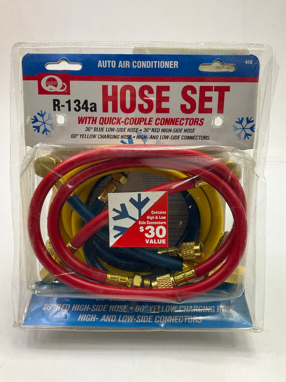 Quest 418 A/C Manifold Gauge Hose For 134, Blue Red & Yellow