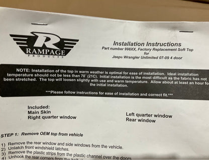 Rampage 99935 Factory Replacement Soft Top, Black Diamond For 07-09 Wrangler JK