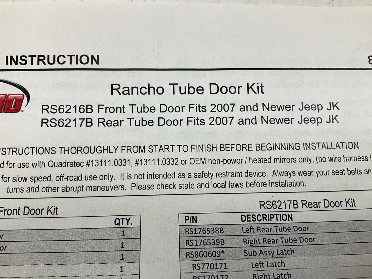 Rancho RS6217B Rear Tube Tubular Doors Set For 2007-2018 Jeep Wrangler