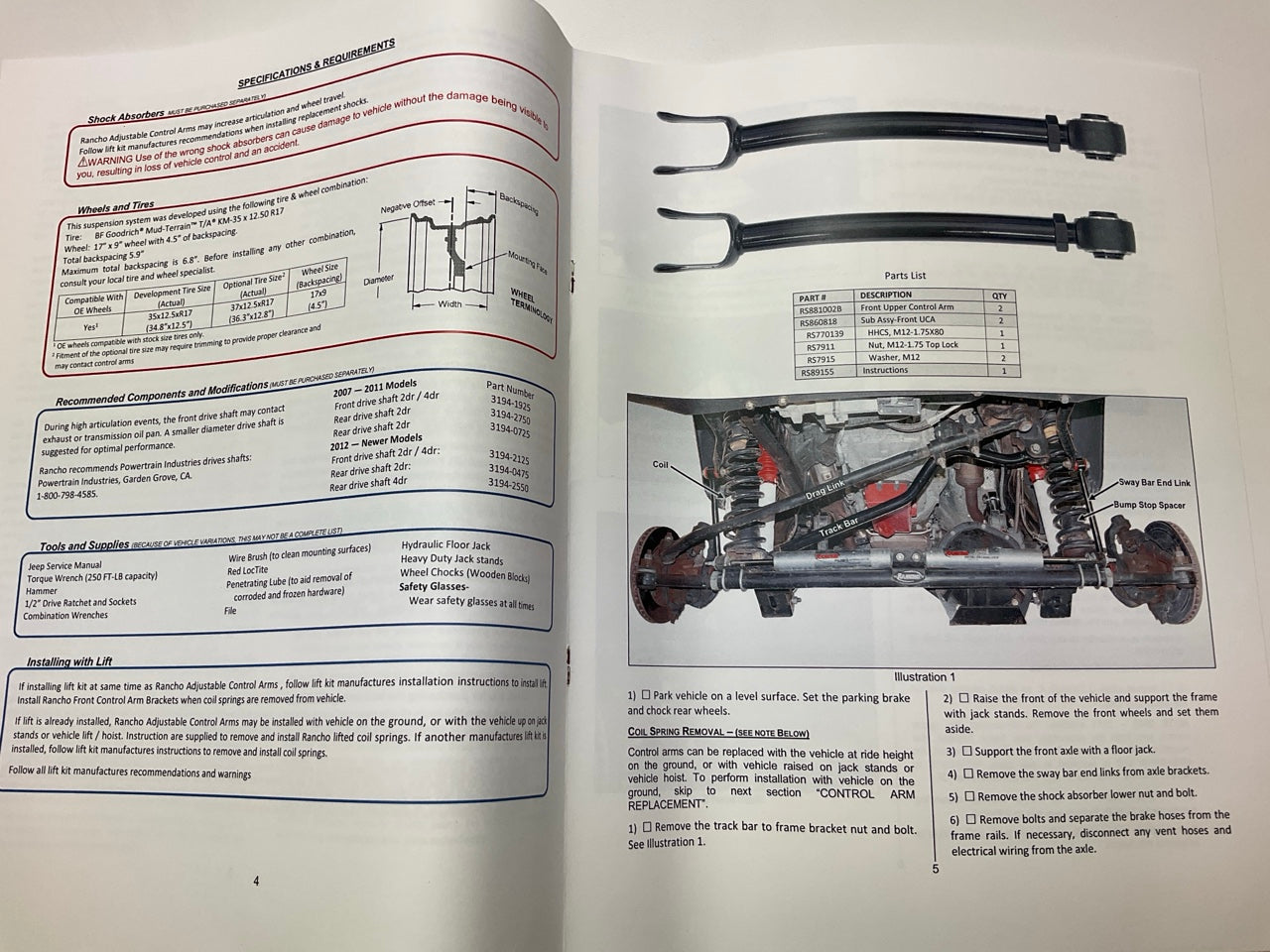 Rancho RS66155B FRONT UPPER Adjustable Control Arm Kit 07-18 Wrangler 4WD