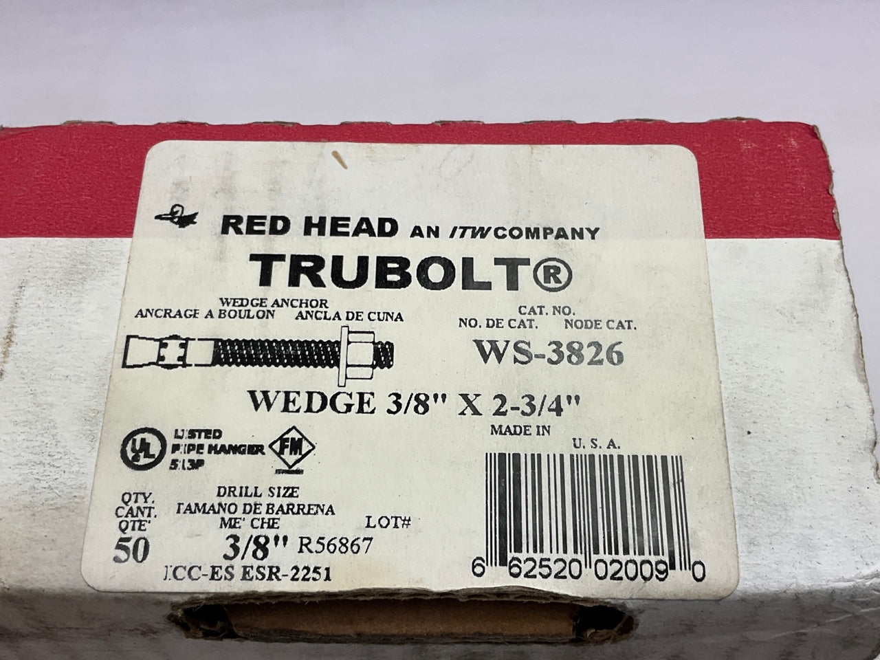 (50) Red Head WS-3826 Trubolt Carbon Steel Wedge Anchor - 3/8'' X 2-3/4''