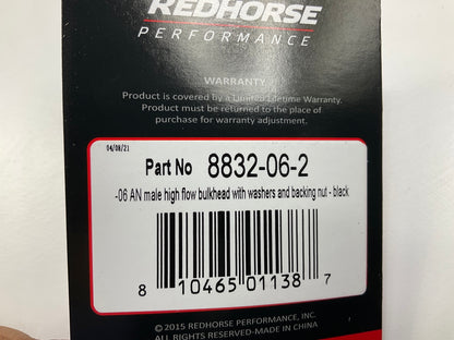 Redhorse 8832-06-2 High Flow Bulkhead Adapter With Washers And Nut, -6 AN