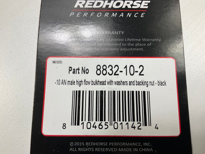 Redhorse 8832-10-2 High Flow Bulkhead Adapter With Washers And Nut, -10 AN