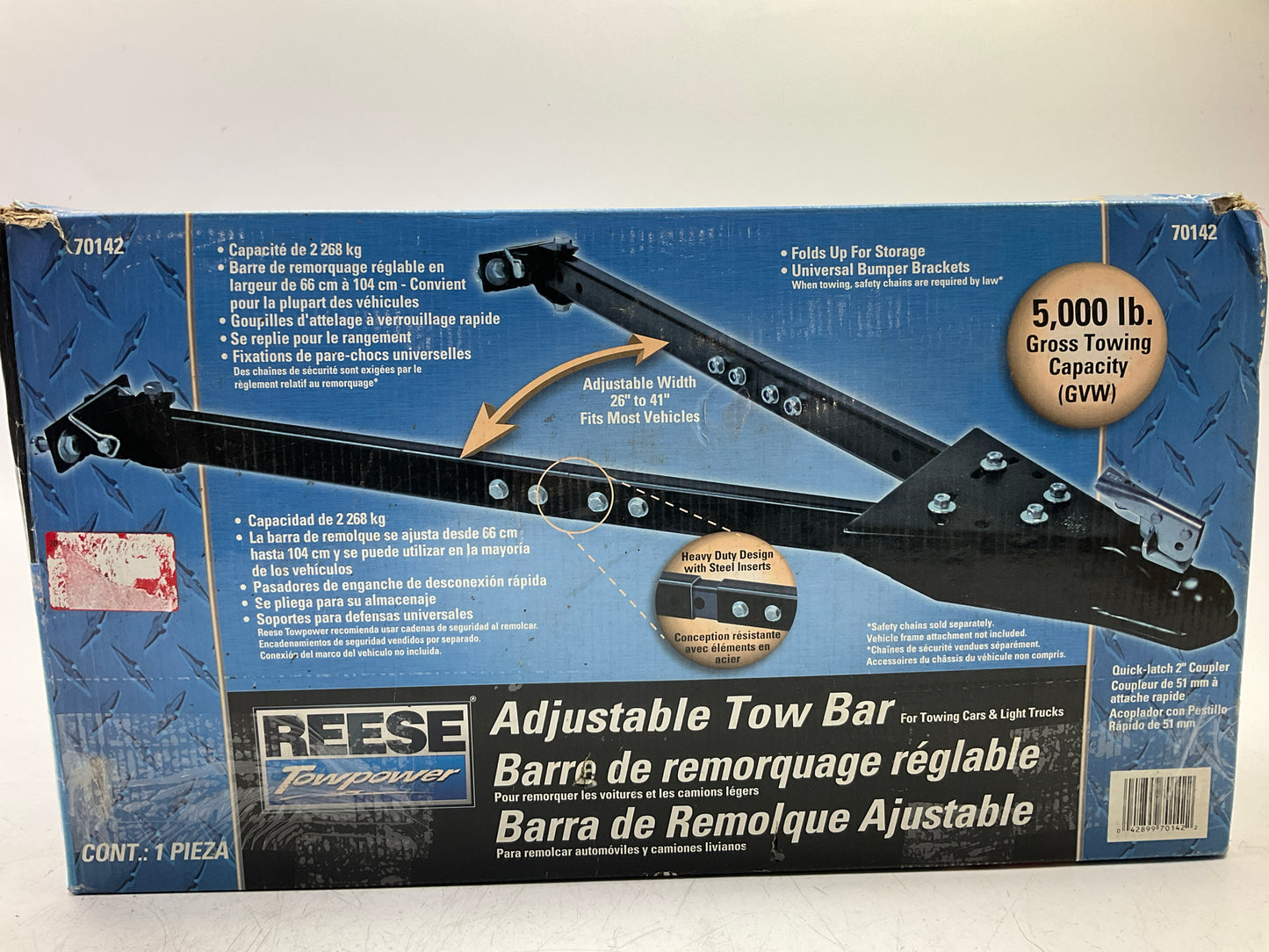 Reese 70142 Adjustable Tow Bar 5000 Lbs. For 2'' Hitch Ball