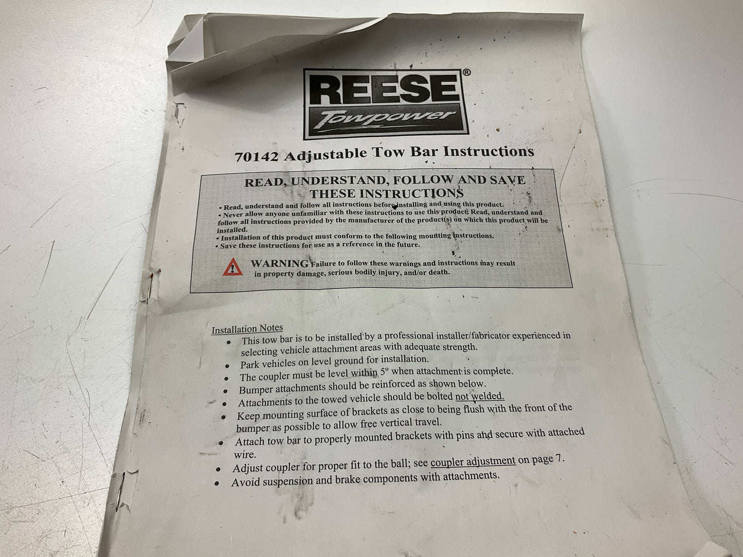 Reese 70142 Adjustable Tow Bar 5000 Lbs. For 2'' Hitch Ball