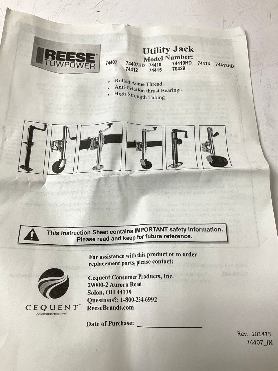Reese 74407 Towpower Manual 2000 Lb. Trailer Jack