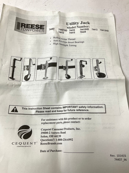 Reese 74407 Towpower Manual 2000 Lb. Trailer Jack
