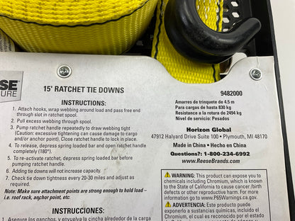 Reese 9482000 Ratchet Tie Down Straps - 15 Feet Long, 1830 Lbs, PAIR