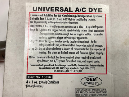 (4) ROBINAIR 16356 Universal A/C Dye Replacement Cartridges, 1 Oz Each