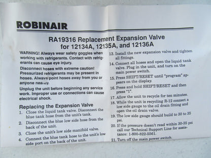 Robinair RA19316 Expansion Valve For 12134A, 12135A,12136A Dual Gas Recyclers