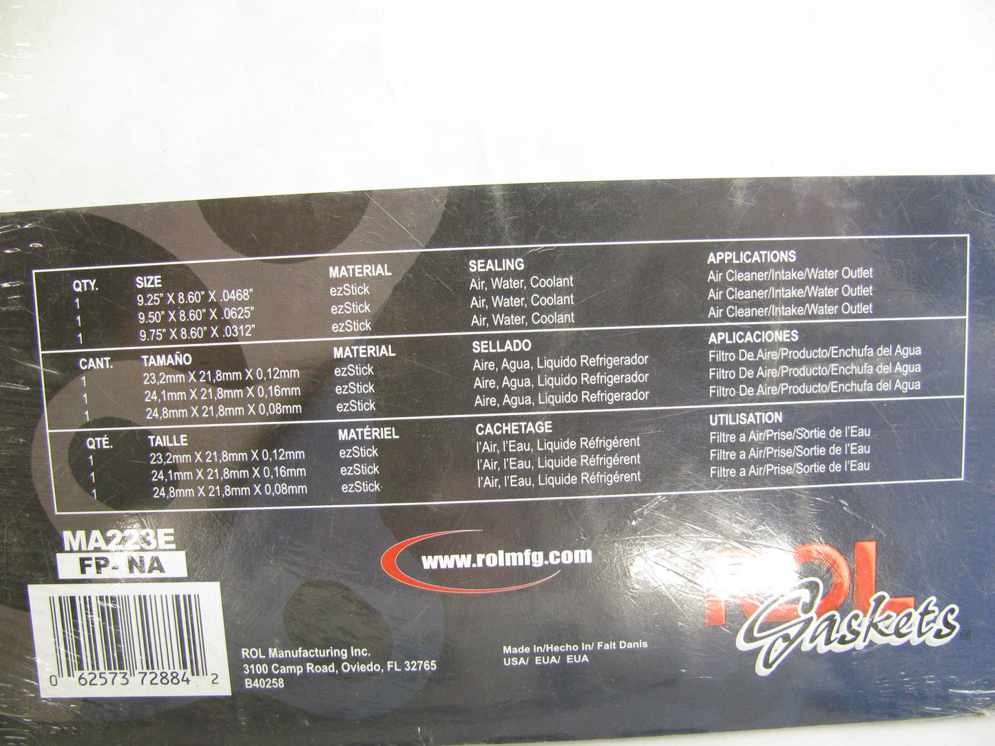Rol Gasket MA223E EZ-Stick Gasket Material Air Water Coolant 3 Sheets 9.25x8.60''