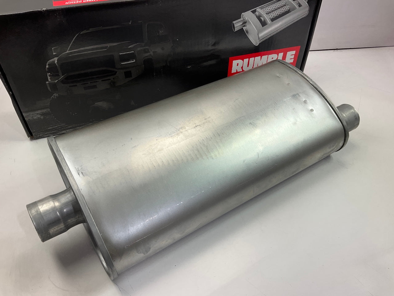 Rumble R27717 Exhaust Turbo Muffler, 2-1/4'' Offset In, 2-1/4'' Center Out, 25'' L.