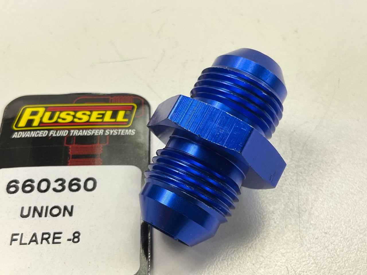 Russell 660360 Blue Anodized Aluminum -8AN Flare Union Adapter