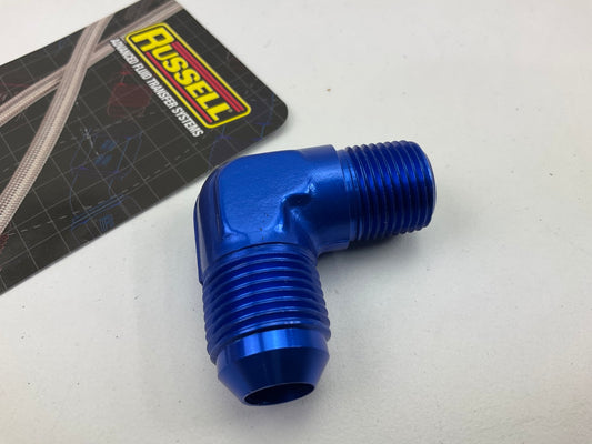 Russell 660860 Blue Aluminum -8AN 90-Degree Flare To 3/8'' Pipe Adapter Fitting