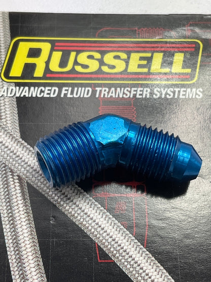 Russell 660930 Blue Anodized Aluminum -3AN 45-Degree Flare To 1/8'' Pipe Adapter