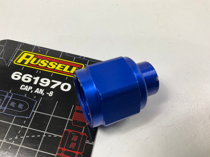 Russell 661970 8AN Flare Cap Adapter Fitting With Blue Finish