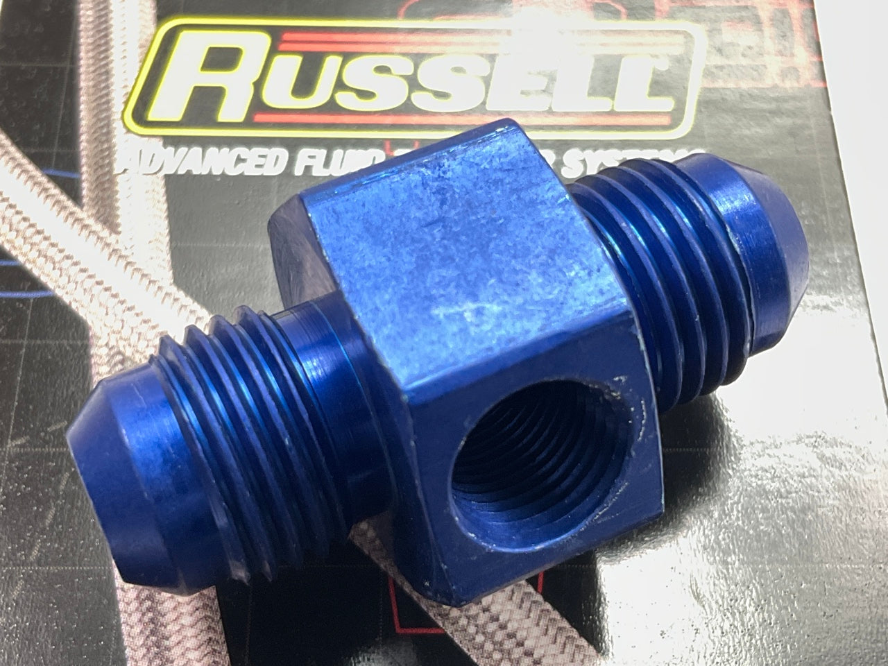 Russell 670000 Blue Anodized Aluminum -6AN Flare Union Pressure Adapter