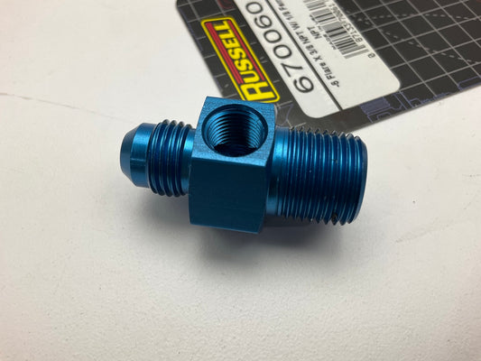 Russell 670060 Blue -6 AN Flare To 3/8'' Pipe Pressure Adapter 1/8'' NPT Side Port