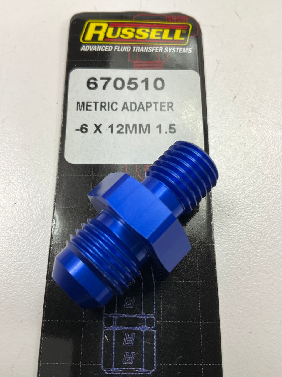 Russell 670510 Blue Anodized Aluminum -6AN Flare To 12mm Metric Adapter