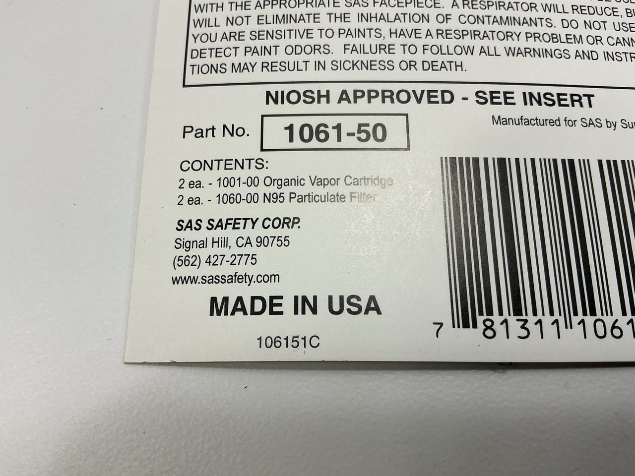 SAS 1061-50 Dual Replacement Cartridges For Half Mask Organic Vapor/N95