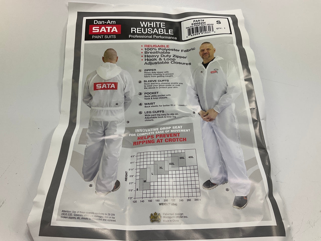 SATA Dan-Am 530052W Reusable Paint Suit, Small, White