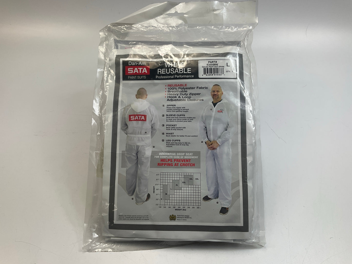 SATA Dan-Am 530056W Paint Suit, Large, White, Elastic Waist, Reusable