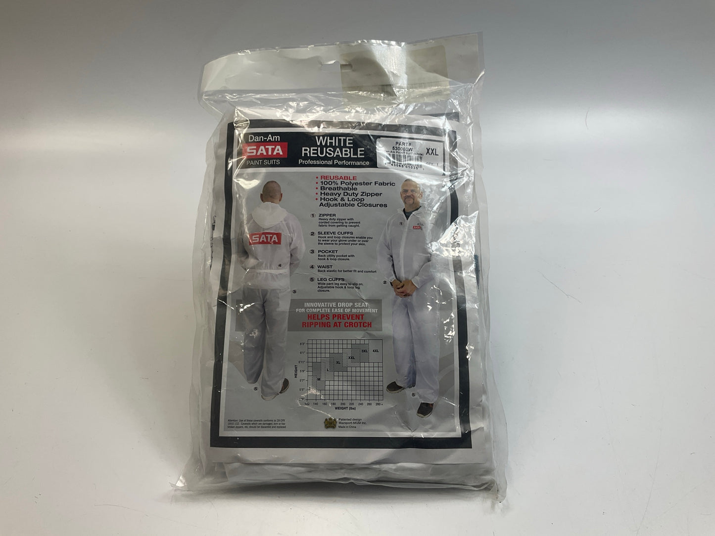 SATA Dan-Am 530060W Reusable Paint Suit, 2X-Large, White, Elastic Waist XXL
