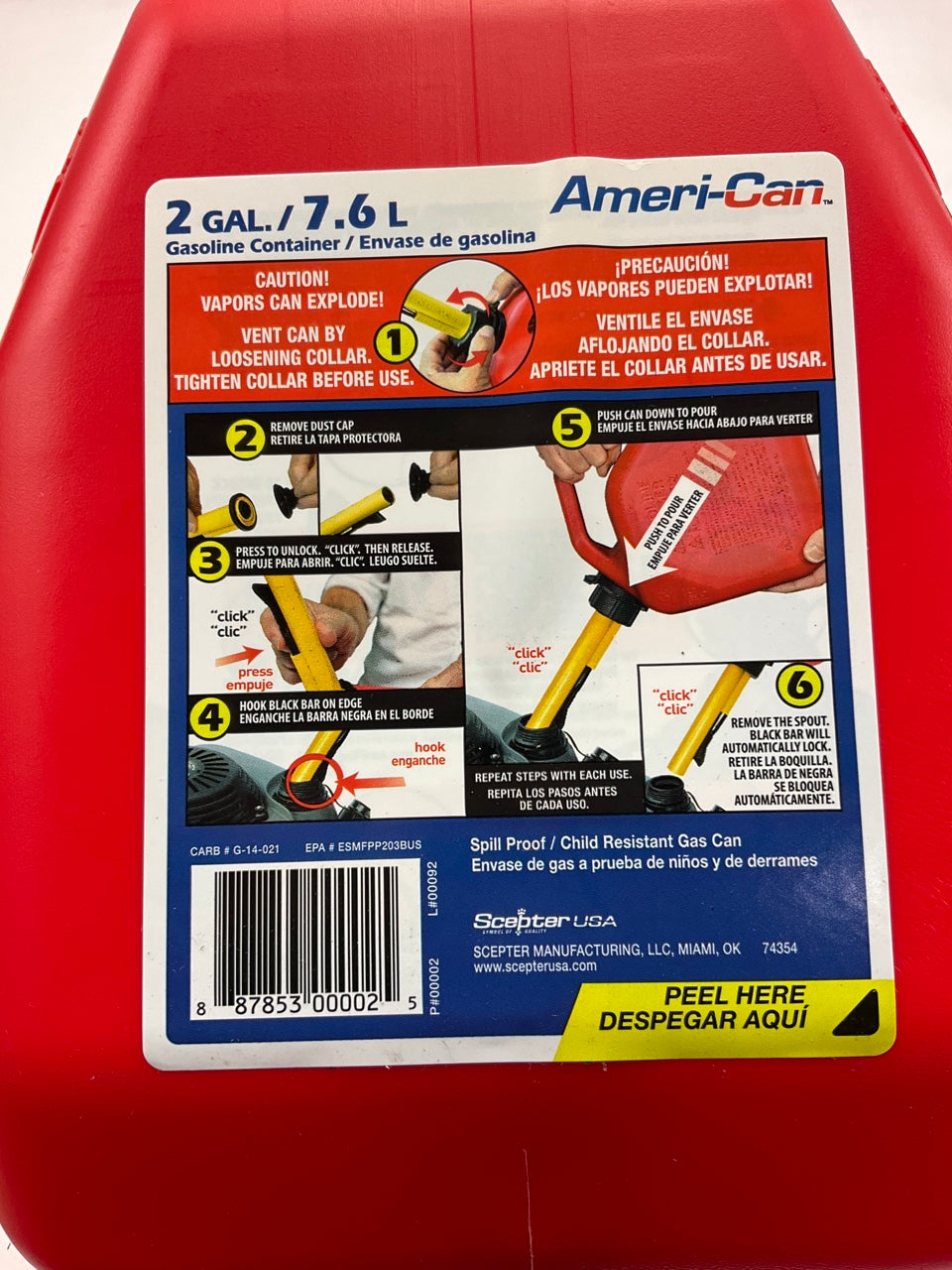 (4) Scepter 00002 Portable Gas Cans, 2 Gallon Capacity, Polyethylene, Red