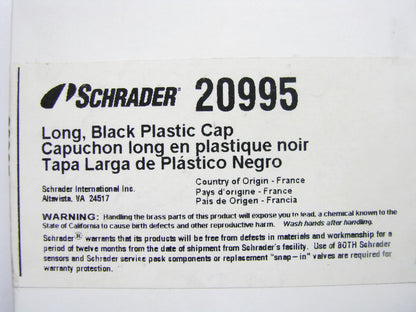 (100) Schrader 20995 TPMS Long Black Plastic Seal Valve Caps - Pack Of 100