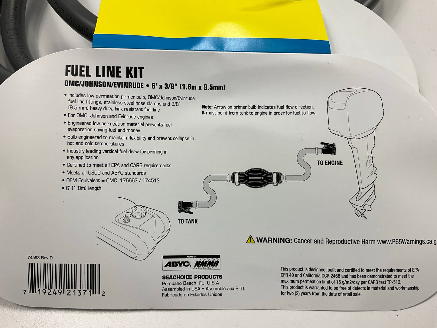 Seachoice 21371 Fuel Line W/ Primer Bulb For Johnson Evinrude Low Perm