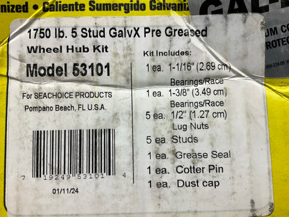 Seachoice 53101 1750 Lbs 5 Stud Galvanized Pre-Greased Wheel Hub Kit