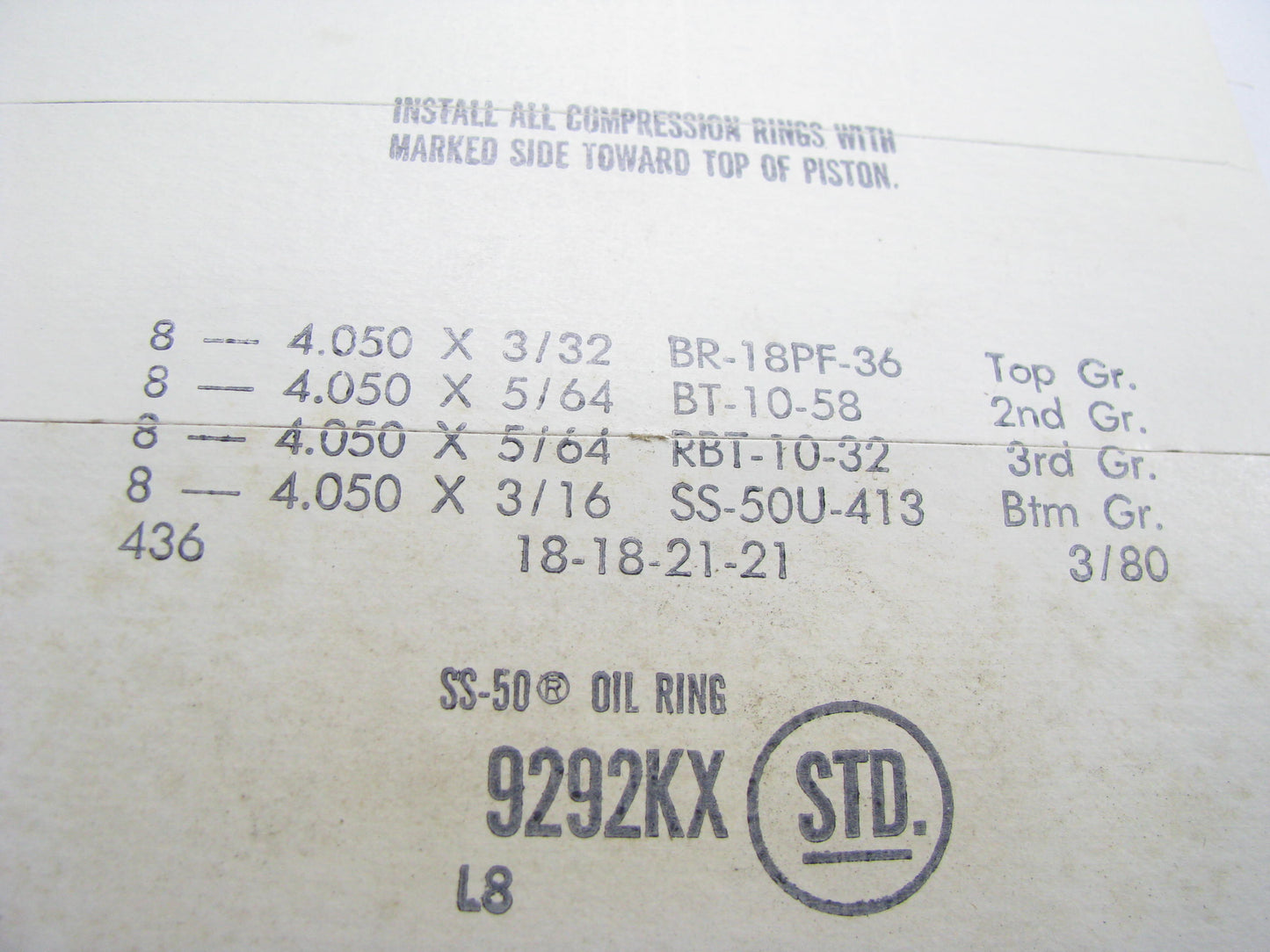 Sealed Power 9292KX Piston Rings STD 1964-1978 Ford 361 389 391 V8 4.05'' Bore