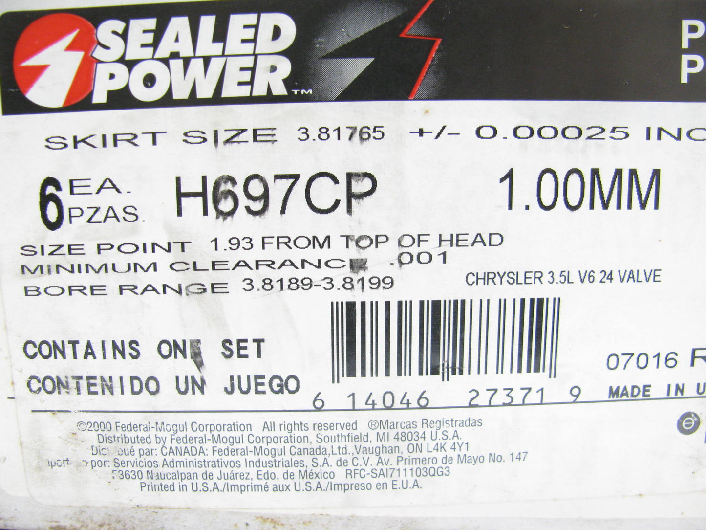 (6) Sealed Power H697CP-100MM Engine Piston 1.00mm For 1993-95 Chrysler 3.5L-V6