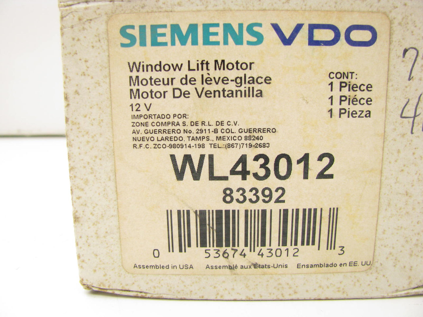 Siemens Vdo WL43012 FRONT Right Power Window Motor 91-94 Ford Explorer 83392
