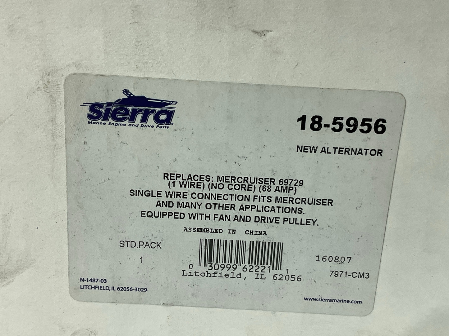 Sierra 18-5956 68A Alternator MERCRUISER 69729, 90794, 78403A2, 78403A1, 78477