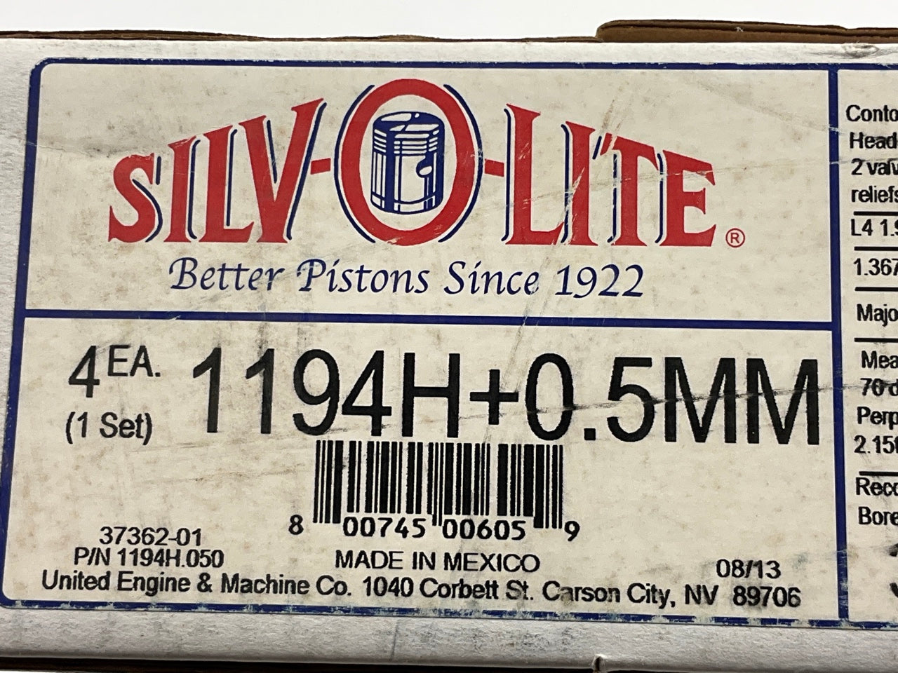 Silvolite 1194H .50mm Size Piston Set For 1987-1990 Ford 1.9L Escort EXP Lynx