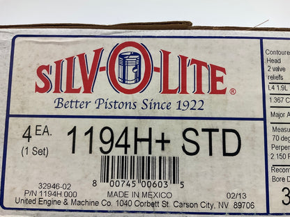 Silvolite 1194H STANDARD Size Piston Set For 1987-1990 Ford 1.9L Escort EXP Lynx