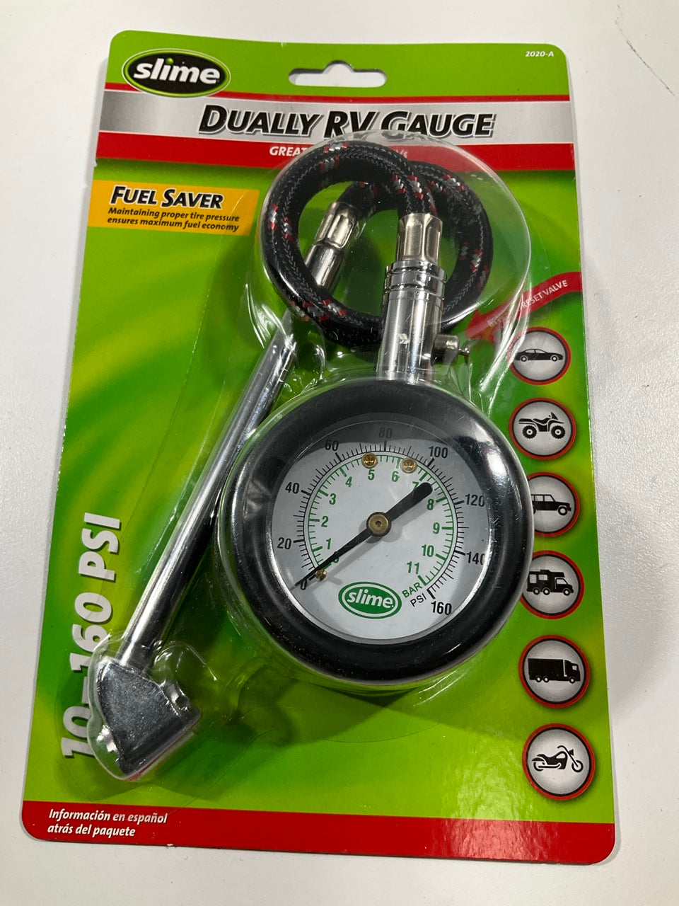 Slime 2020-A Dually RV Tire Dial Gauge With Hose, 10-160 PSI
