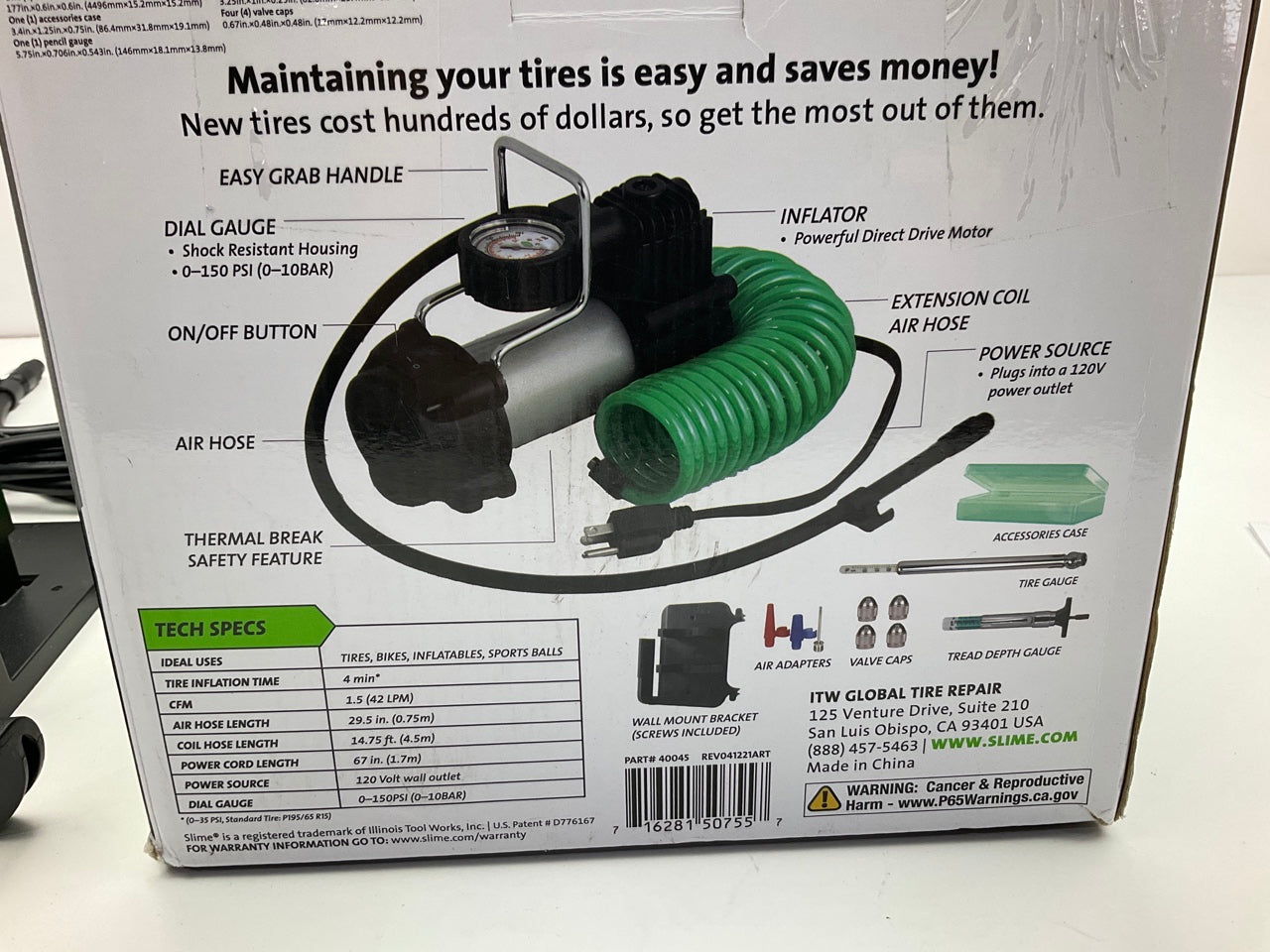 Slime 40045 110V Tire Air Inflator Pump With Wall Mount Bracket & Hose 0-150 PSI