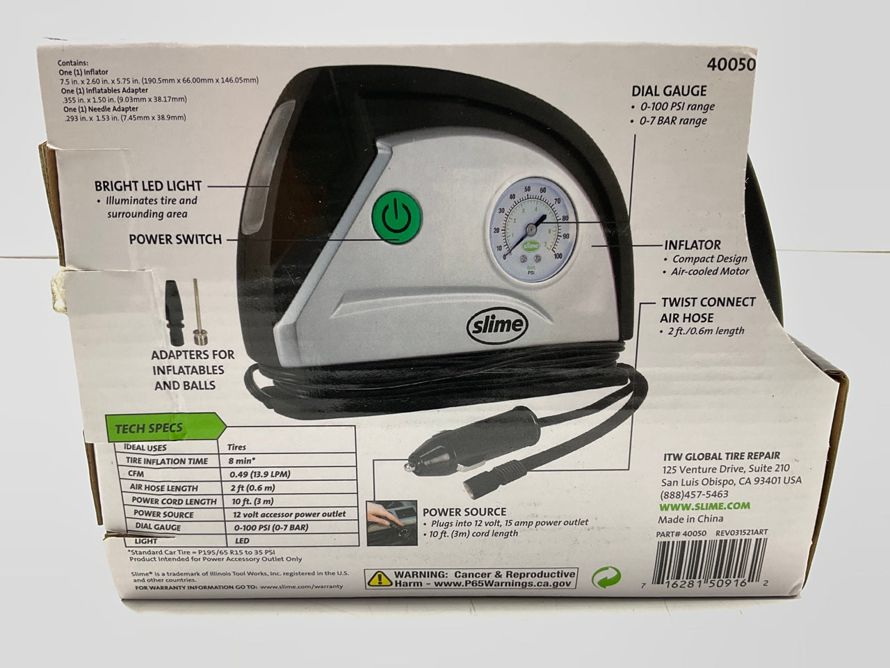 Slime 40050 Tire Air Inflator Pump, Portable 100 Psi Gauge, Long Hose LED Light