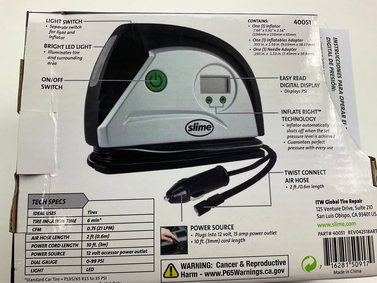 Slime 40051 12V Digital Tire Inflator Air Compressor Pump / Gauge With LED Light