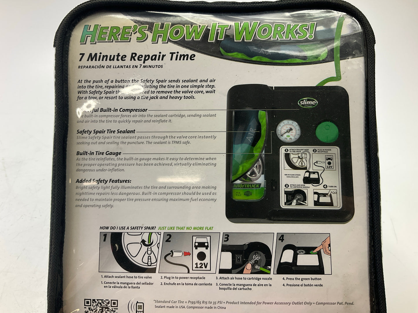 Slime 70005 Safety 7-Minute 12V Flat Tire Air Pump W/ Repair Sealer Spray