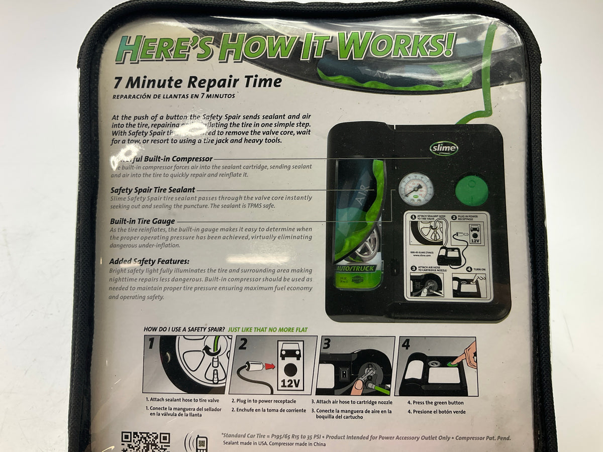 Slime 70005 Safety Spair 7-Minute 12V Flat Tire Repair Air Pump W/ Sealer System