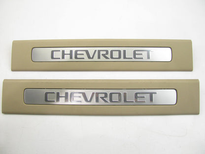 (2) NEW OEM GM Long Rear Door Sill Cover Plate W/ Logo Cashmere 15848342