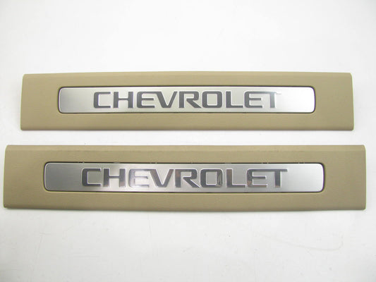 (2) NEW OEM GM Long Rear Door Sill Cover Plate W/ Logo Cashmere 15848342
