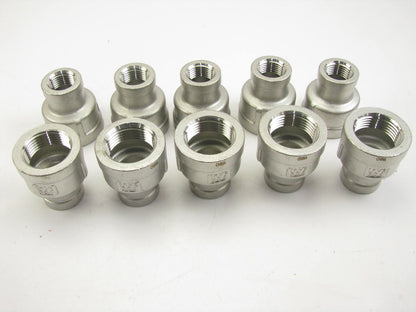 (10) Reducing Coupling: 304 Stainless Steel, 1'' Female NPT X  1/2'' Female NPT