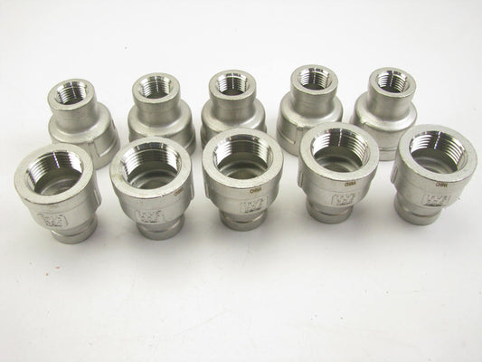 (10) Reducing Coupling: 304 Stainless Steel, 1'' Female NPT X  1/2'' Female NPT